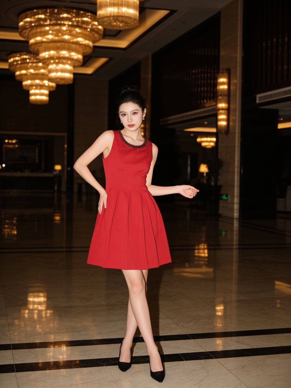 Karl Lagerfeld Red Sleeveless Pleated Dress Size 14